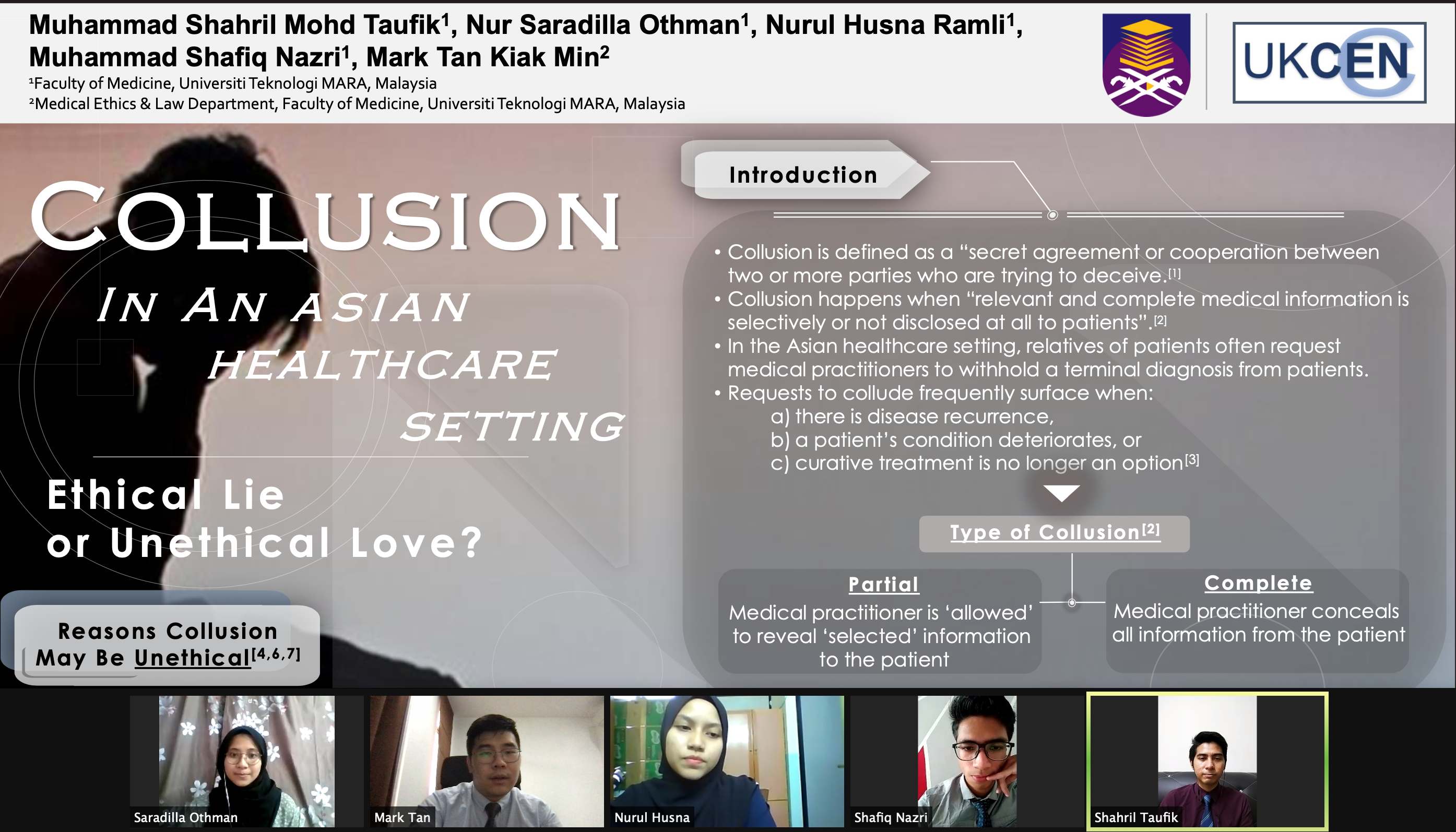 Members of the UiTM Faculty of Medicine discuss ethics of collusion in the Asian Healthcare setting at UKCEN 2021